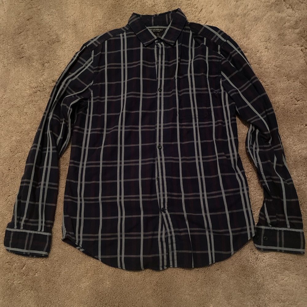 Banana Republic Men's Navy and Gray Plaid Shirt